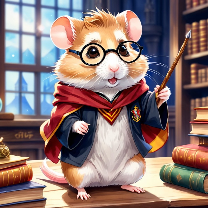 watercolor painting of chinese hamster as harry potter, complete with glasses and hogwarts backdrop, highlighting a vibrant and magical scene.