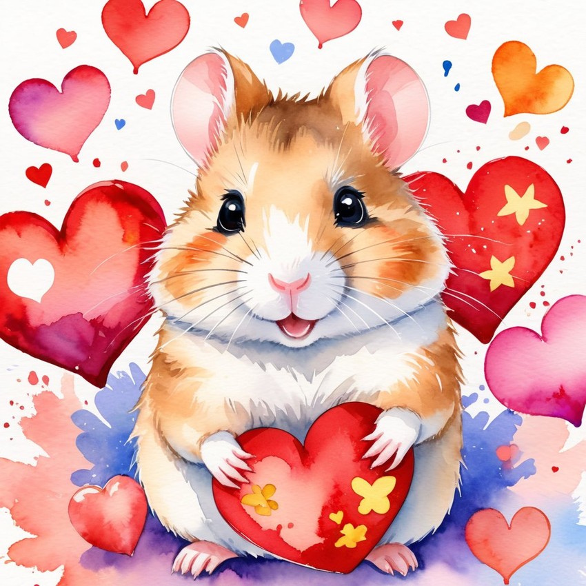 watercolor painting of chinese hamster with hearts, capturing a lovely, cute, and happy expression in vibrant, detailed style.