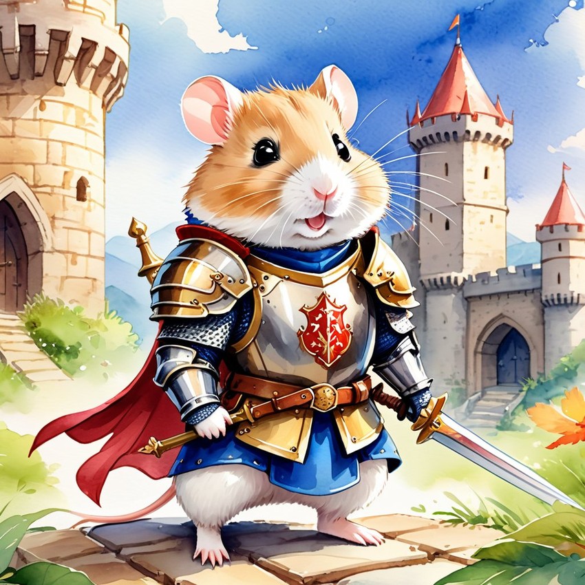 watercolor painting of chinese hamster as a medieval knight in a vibrant, detailed castle scene.