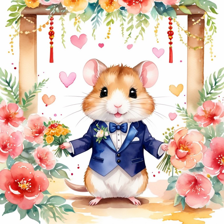 watercolor painting of chinese hamster at a wedding in a beautiful wedding suit, looking cute and happy in a vibrant, detailed style.