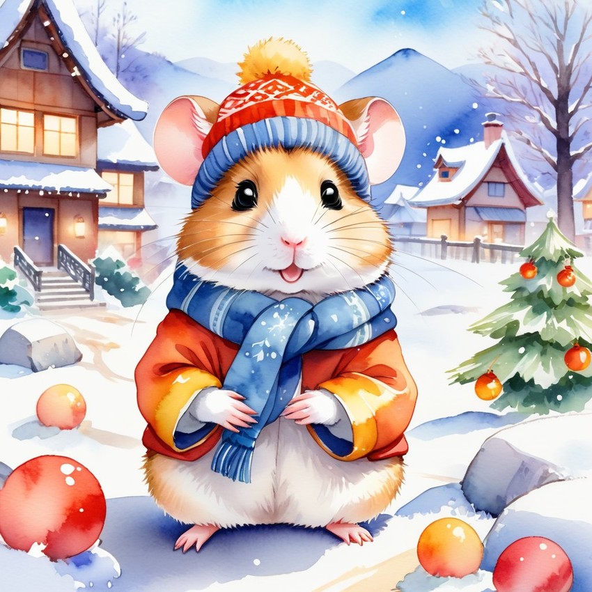 watercolor painting of chinese hamster in a beautiful winter scene, wearing stylish winter clothing, looking cute and happy.