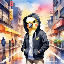 watercolor-painting-cockatiel-bird-black-hoodie-vibrant-urban-environment-cute-happy-bff83878a5eb43a6b874fe8be19949a1