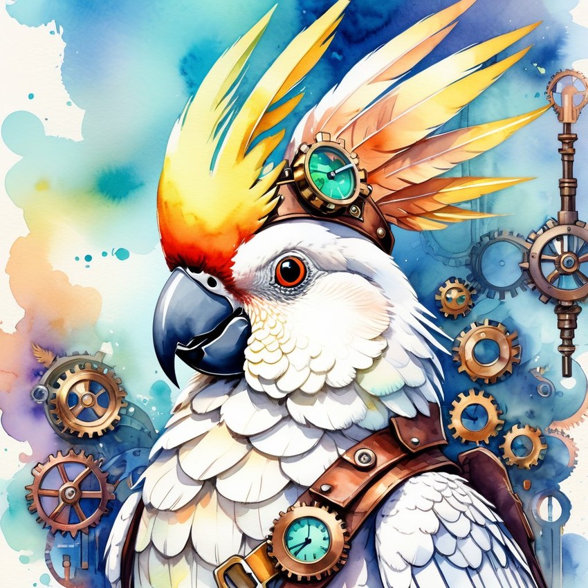 watercolor painting of cockatoo bird in a steampunk style, vibrant and happy, highly detailed with anime influences.