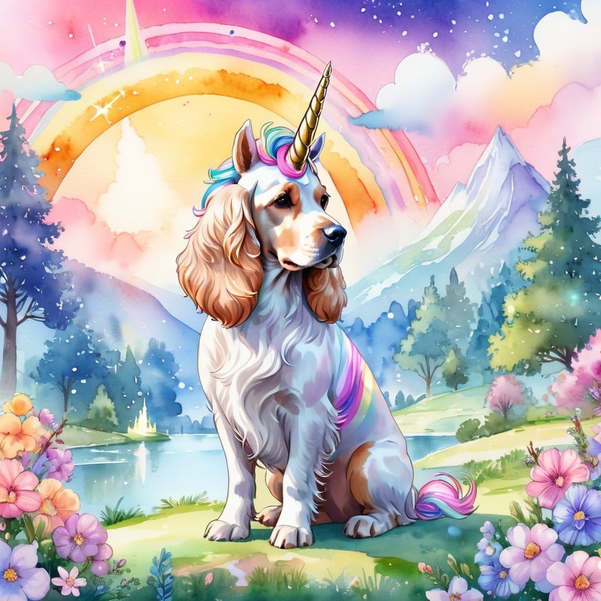 watercolor painting of cocker spaniel as a unicorn in a vibrant fairytale setting, capturing a cute and happy scene with detailed illustration.