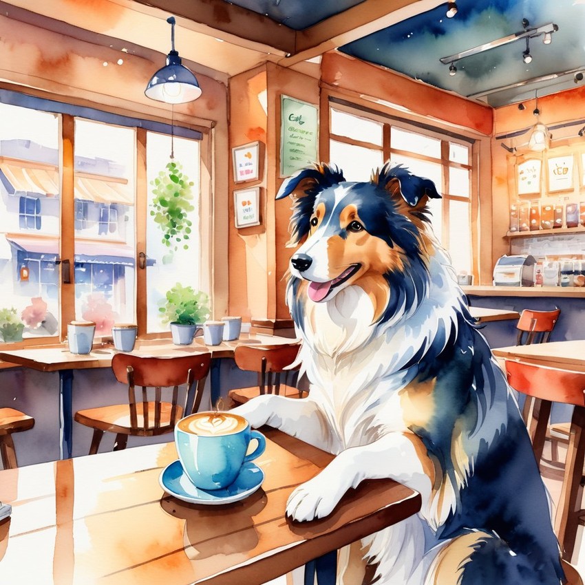 watercolor painting of collie sitting in a cozy coffee shop, vibrant and detailed.