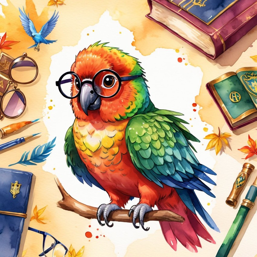 watercolor painting of conure bird as harry potter, complete with glasses and hogwarts backdrop, highlighting a vibrant and magical scene.