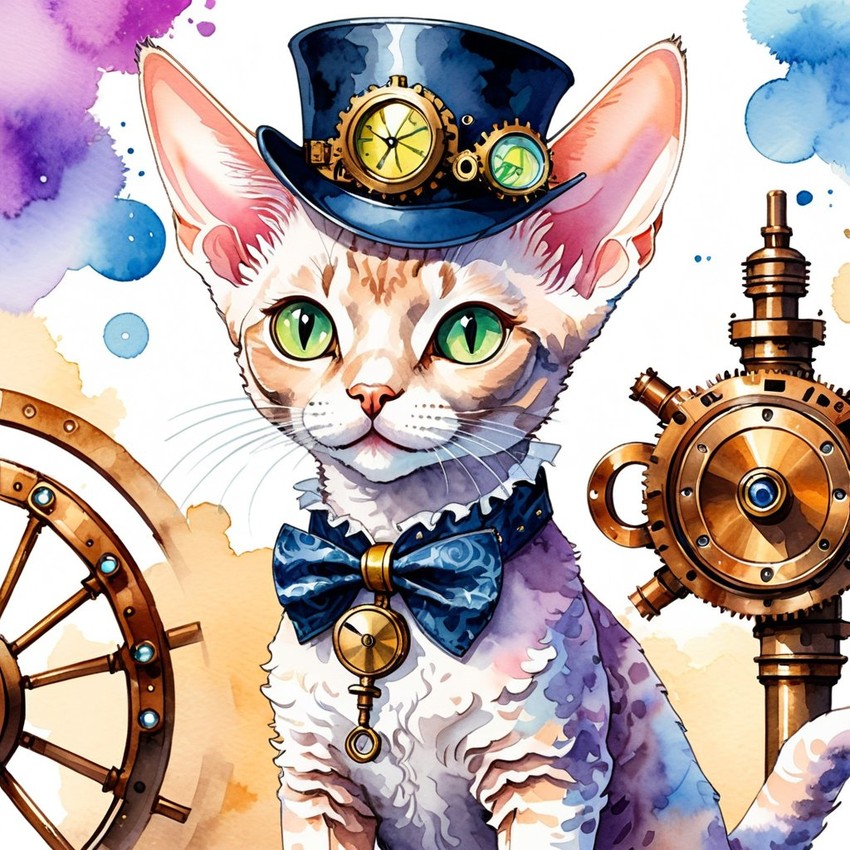 watercolor painting of devon rex cat in a steampunk style, vibrant and happy, highly detailed with anime influences.