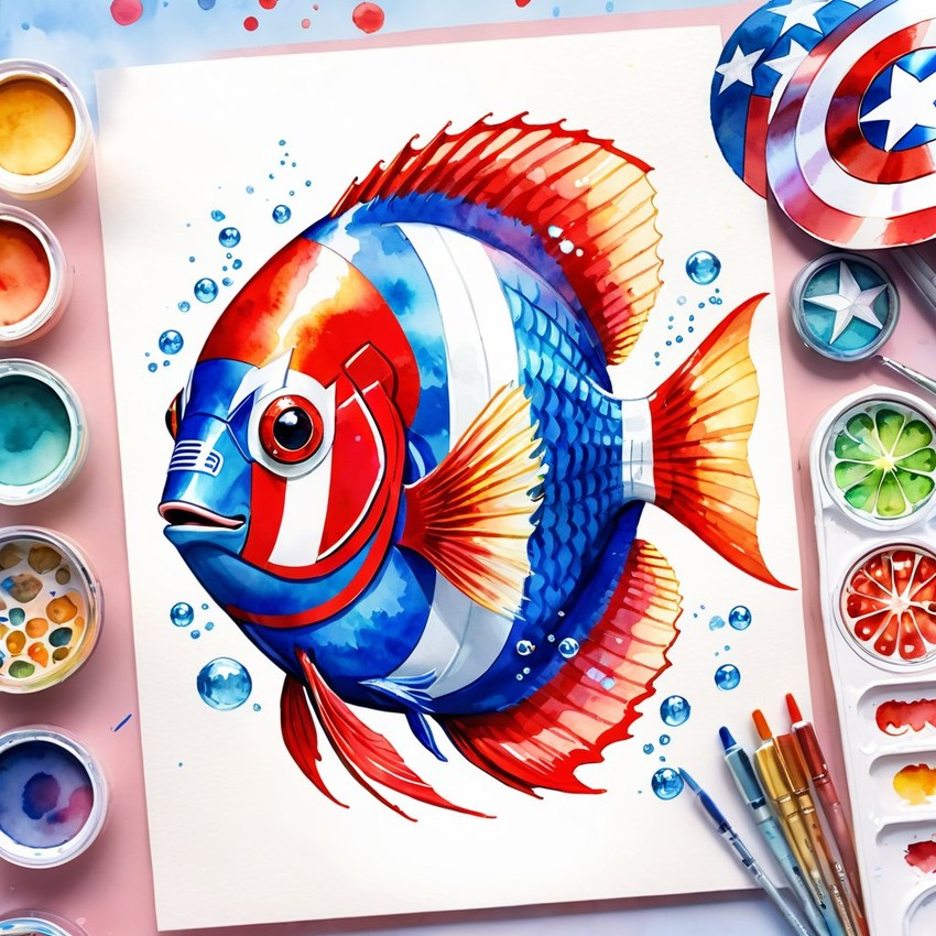 watercolor painting of discus fish as captain america from avengers, vibrant and detailed.