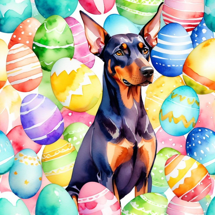 watercolor painting of doberman pinscher in a vibrant easter scene with colorful eggs, highly detailed and joyful.