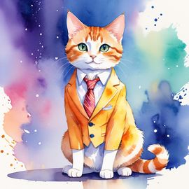 watercolor painting of domestic shorthair cat in a classy suit on a fashion stage, capturing elegance and charm in a vibrant, highly detailed illustration.