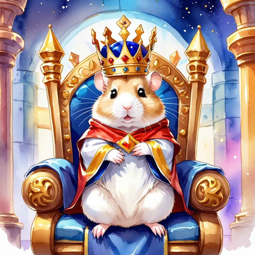 watercolor painting of dwarf campbell russian hamster as a king in a magical castle, wearing a crown and robe, seated on a throne.