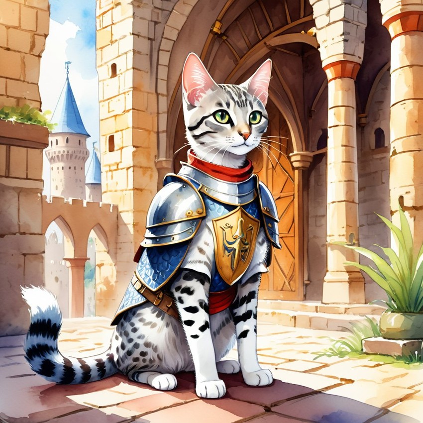 watercolor painting of egyptian mau cat as a medieval knight in a vibrant, detailed castle scene.