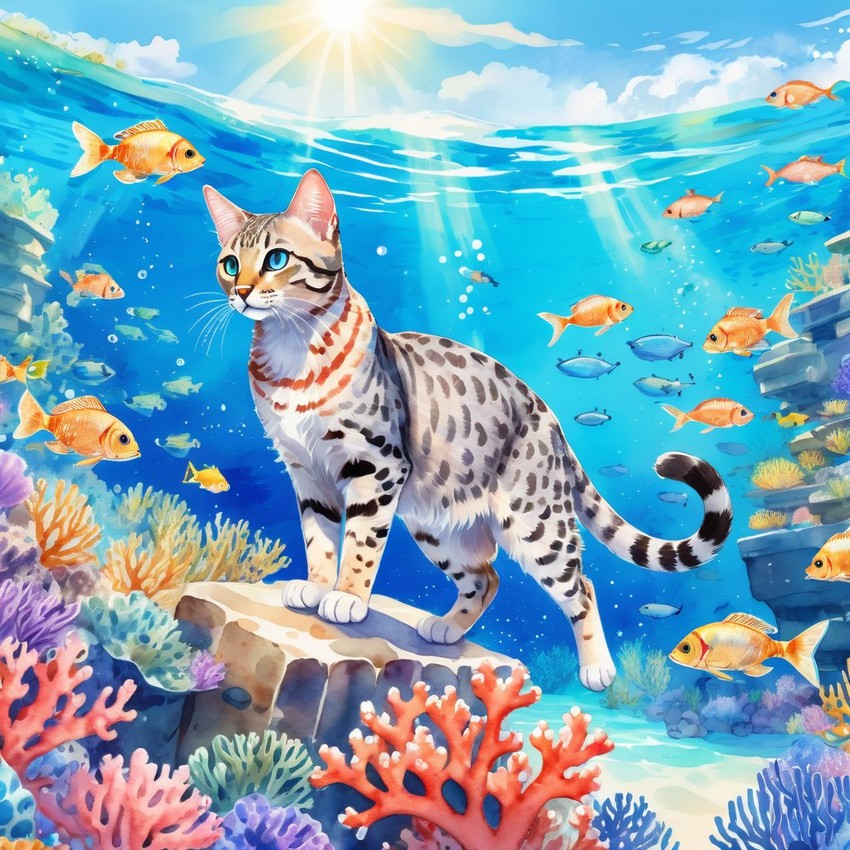 watercolor painting of egyptian mau cat swimming in a beautiful blue ocean with colorful fish and coral reef, capturing a happy and vibrant underwater scene.