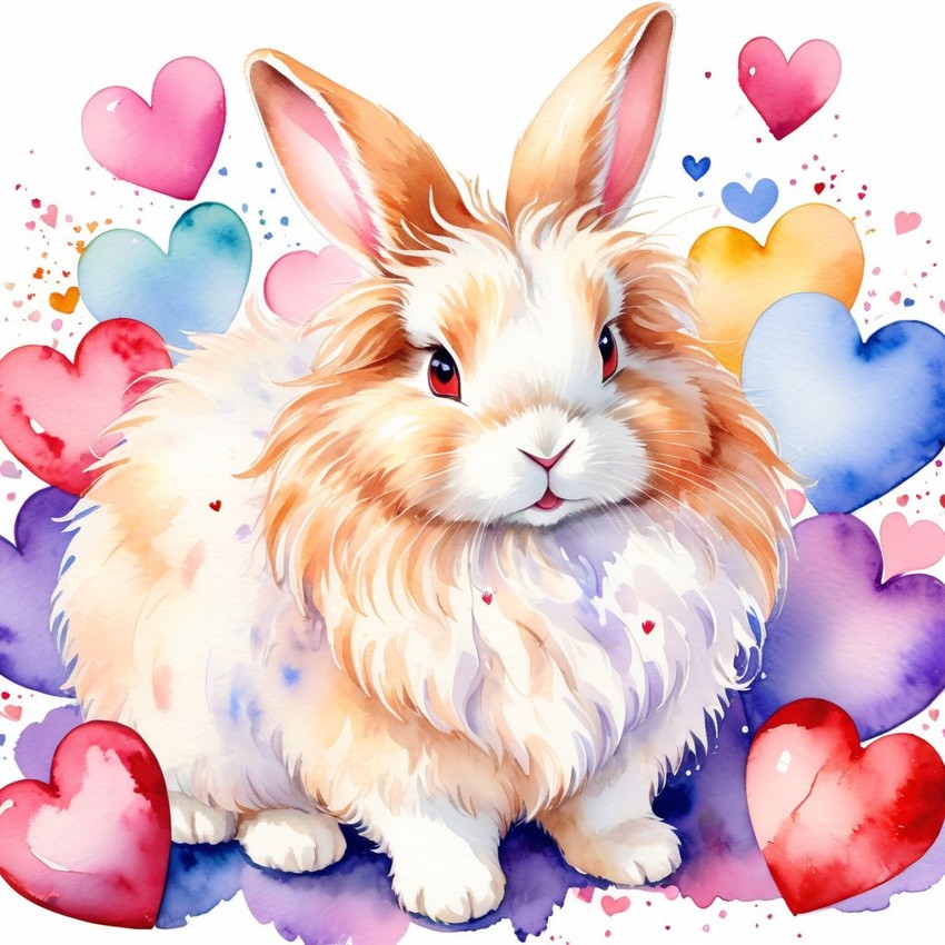 watercolor painting of english angora rabbit with hearts, capturing a lovely, cute, and happy expression in vibrant, detailed style.