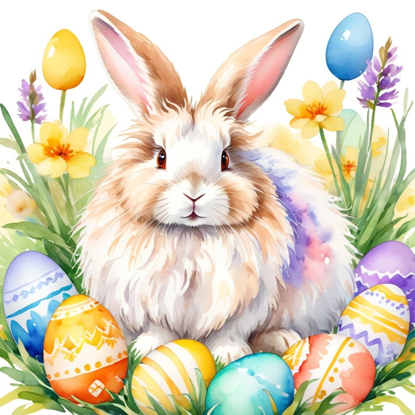 watercolor painting of english angora rabbit in a vibrant easter scene with colorful eggs, highly detailed and joyful.