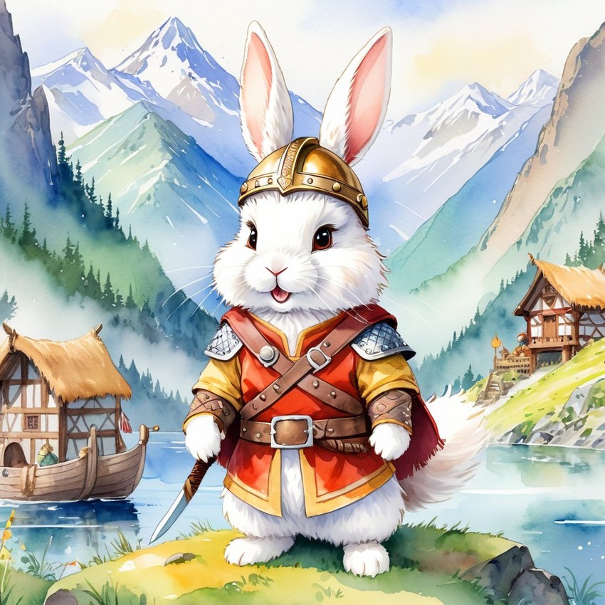 watercolor painting of english angora rabbit as a viking, wearing traditional armor and helmet, in a vibrant viking environment.