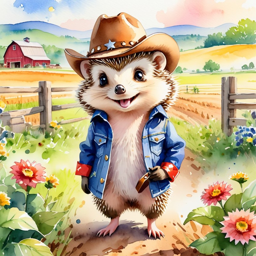 watercolor painting of european hedgehog as a cowboy wearing a hat, in the midwest countryside, on a farm.