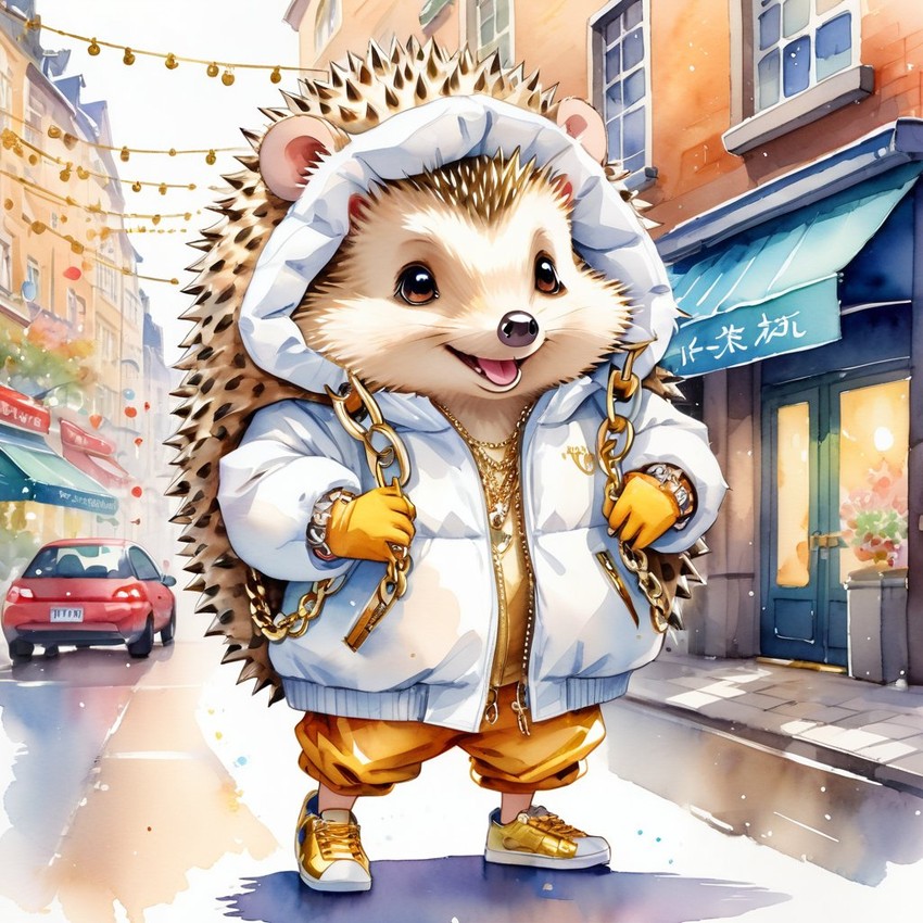 watercolor painting of european hedgehog in a white puffer coat with golden hip hop chains, set in a posh urban environment.