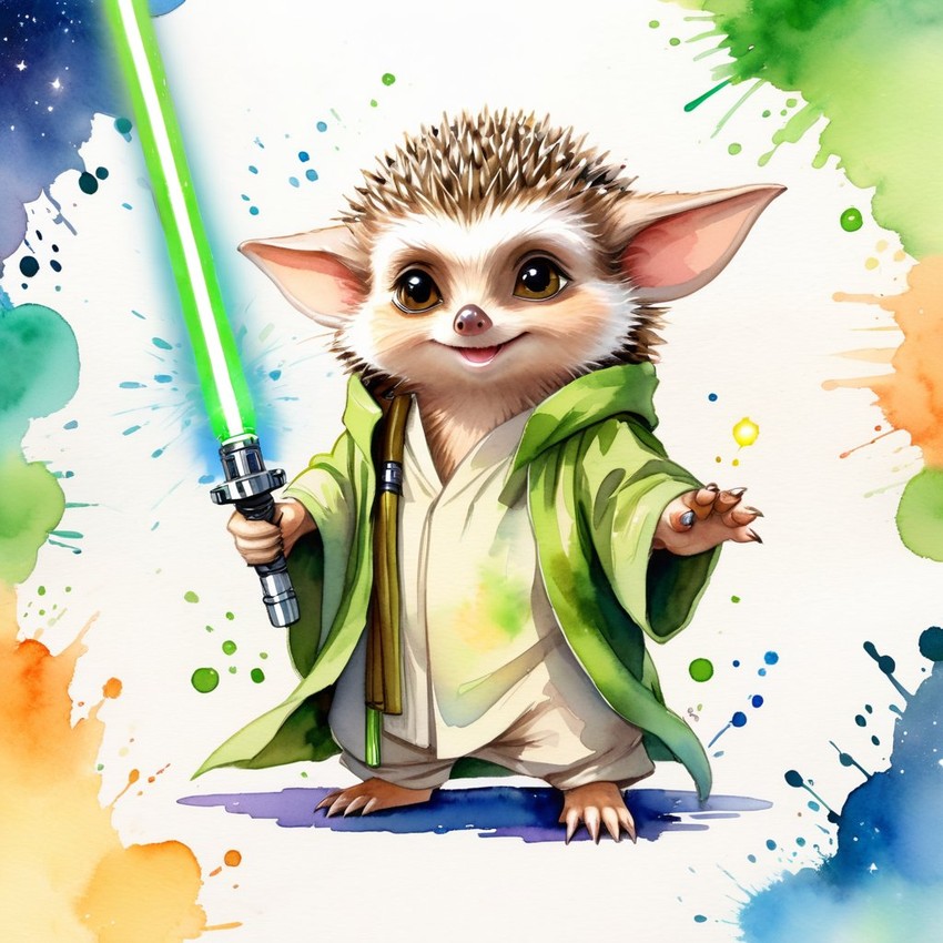 watercolor painting of european hedgehog as yoda from star wars, holding a green lightsaber in a cinematic star wars scene.