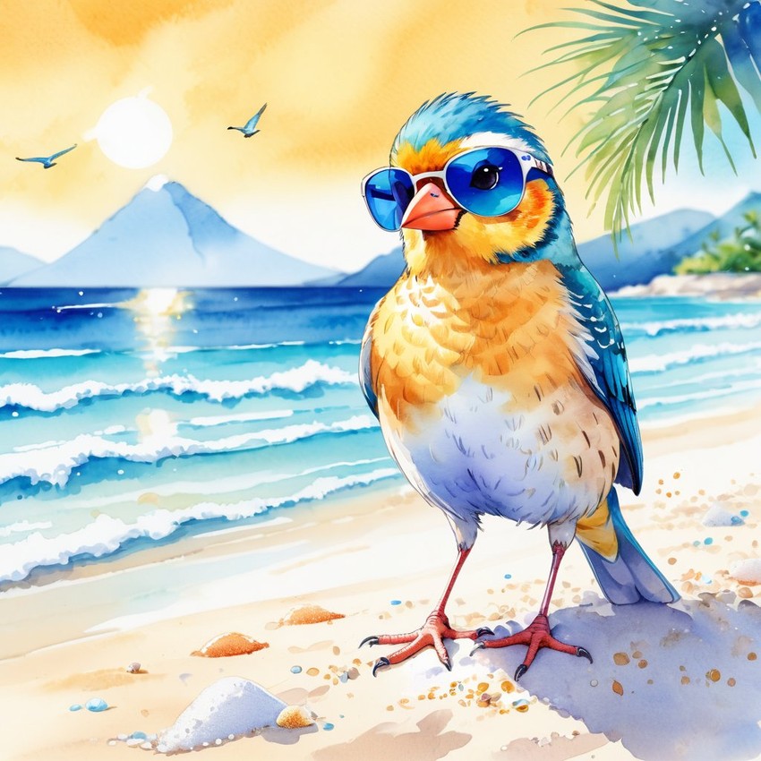 watercolor painting of finch bird on a beach with white sand and blue sea, wearing sunglasses.