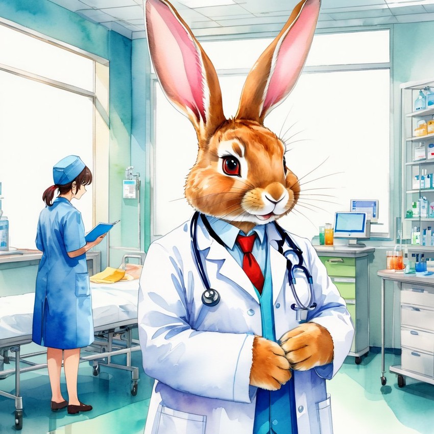 watercolor painting of flemish giant rabbit as a doctor in a hospital, vibrant and highly detailed, in a studio anime style.