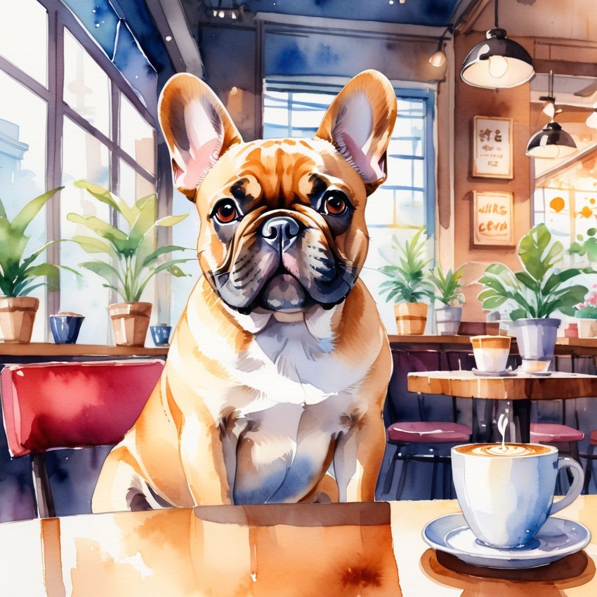 watercolor painting of french bulldog sitting in a cozy coffee shop, vibrant and detailed.