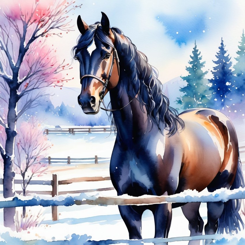 watercolor painting of friesian horse in a beautiful winter scene, wearing stylish winter clothing, looking cute and happy.