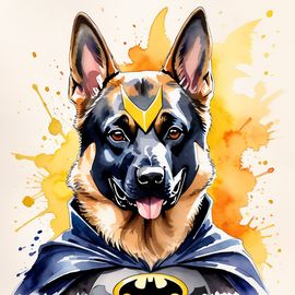 watercolor painting of german shepherd as batman, wearing batman suit and mask, vibrant and detailed.