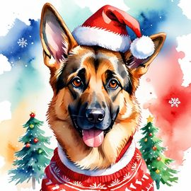 watercolor painting of german shepherd in a christmas sweater and santa hat, festive and vibrant.