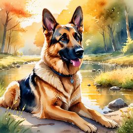 watercolor painting of german shepherd in golden hour light, showcasing vibrant colors and a happy nature scene in a highly detailed illustration.