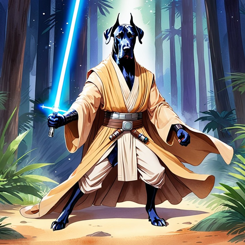 watercolor painting of great dane as a jedi knight, holding a lightsaber with a star wars backdrop in a vibrant, detailed style.