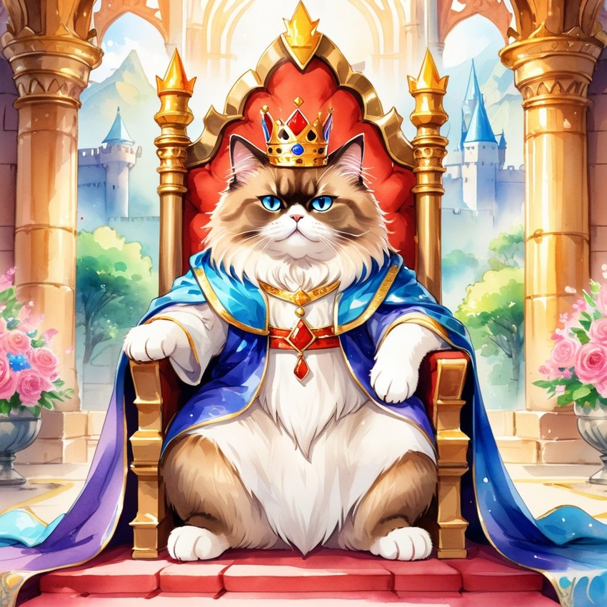 watercolor painting of himalayan cat as a king in a magical castle, wearing a crown and robe, seated on a throne.