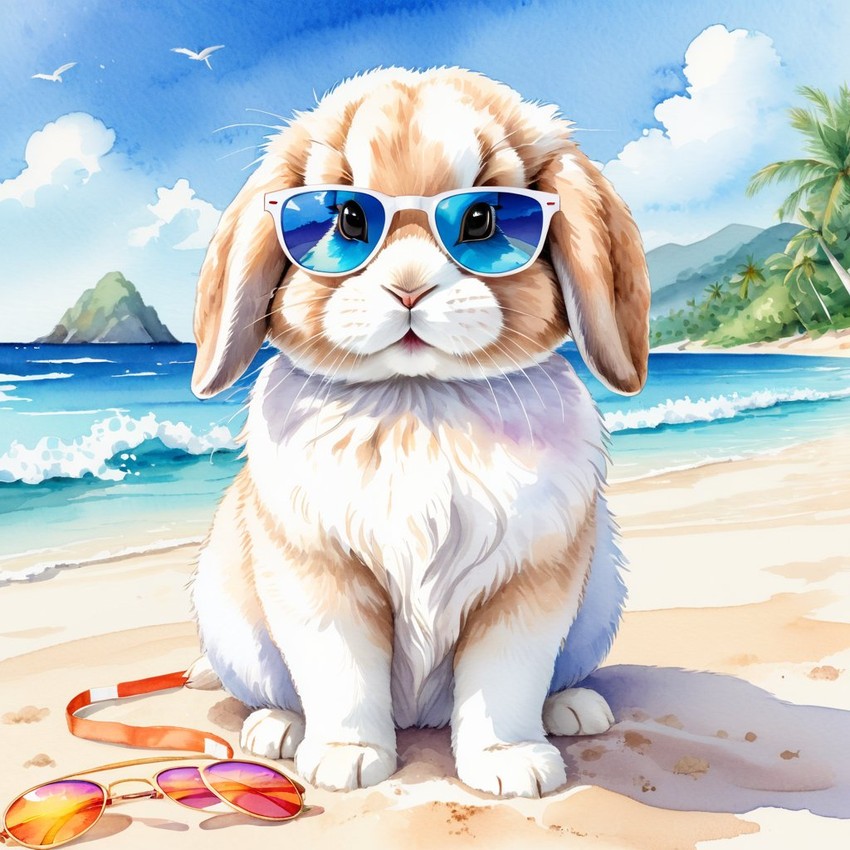 watercolor painting of holland lop rabbit on a beach with white sand and blue sea, wearing sunglasses.