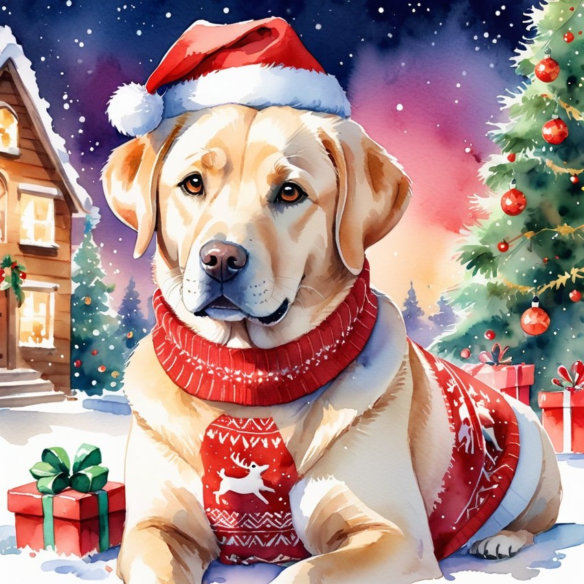 watercolor painting of labrador retriever in a christmas sweater and santa hat, festive and vibrant.