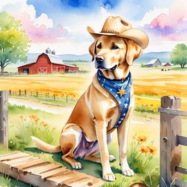 watercolor painting of labrador retriever as a cowboy wearing a hat, in the midwest countryside, on a farm.