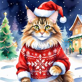 watercolor painting of maine coon cat in a christmas sweater and santa hat, festive and vibrant.