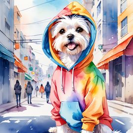 watercolor-painting-maltese-colorful-hoodie-vibrant-urban-setting-9e9602f58263473bb511f457c9756bf8