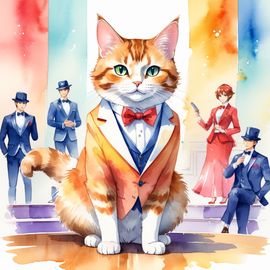 watercolor painting of manx cat in a classy suit on a fashion stage, capturing elegance and charm in a vibrant, highly detailed illustration.