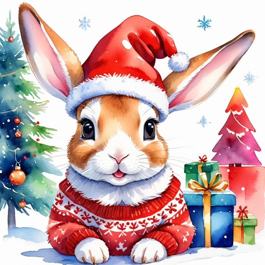 watercolor painting of mini rex rabbit in a christmas sweater and santa hat, festive and vibrant.