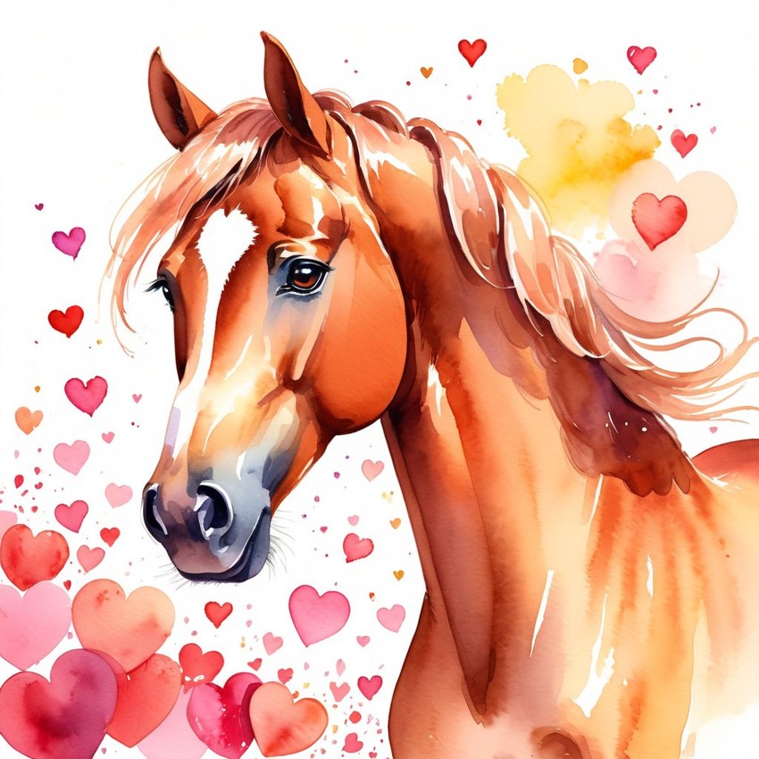 watercolor painting of morgan horse with hearts, capturing a lovely, cute, and happy expression in vibrant, detailed style.