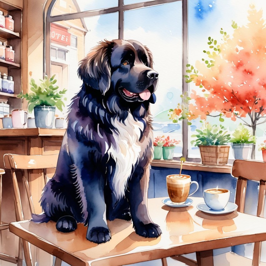 watercolor painting of newfoundland sitting in a cozy coffee shop, vibrant and detailed.