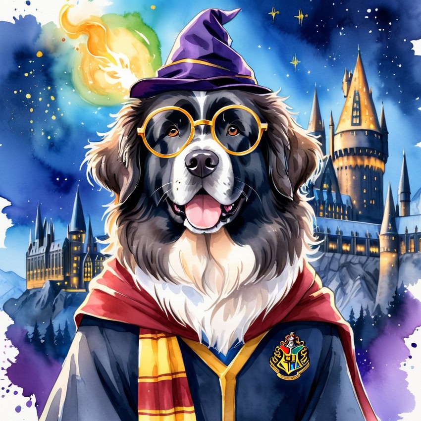 watercolor painting of newfoundland as harry potter, complete with glasses and hogwarts backdrop, highlighting a vibrant and magical scene.