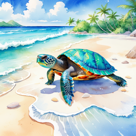 watercolor-painting-of-painted-turtle-turtletortoise-on-a-beach-with-white-sand-and-blue-sea-wearing-sunglasses-6de93923dcca4718a052bfe74f4a382c