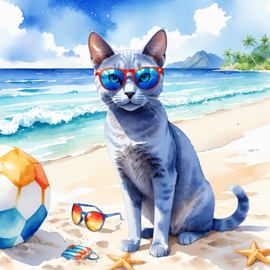 watercolor-painting-of-russian-blue-cat-on-a-beach-with-white-sand-and-blue-sea-wearing-sunglasses-614383834e3043eaa3065d31f237ee95