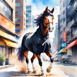 watercolor-painting-paint-horse-black-hoodie-vibrant-urban-environment-57b721dd091e4a869339f15b2fb1d1b5