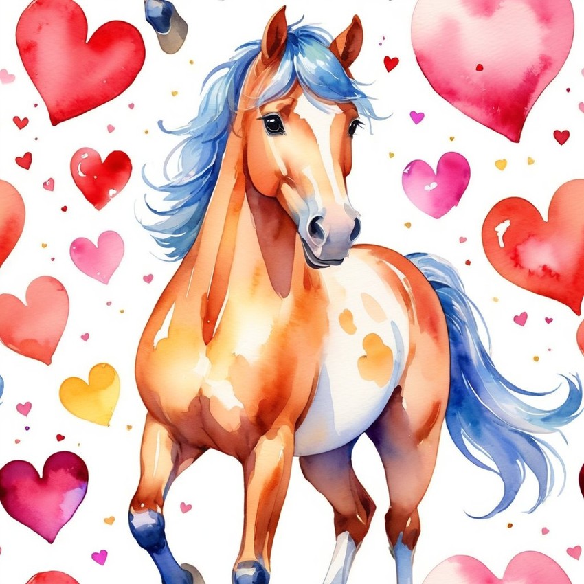 watercolor painting of paint horse horse with hearts, capturing a lovely, cute, and happy expression in vibrant, detailed style.