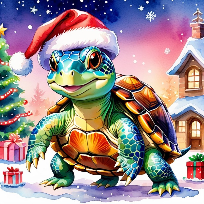 watercolor painting of painted turtle turtle/tortoise in a christmas sweater and santa hat, festive and vibrant.