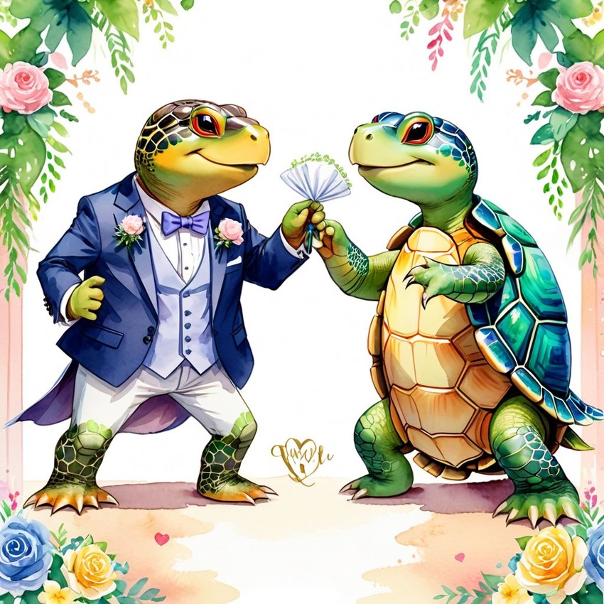 watercolor painting of painted turtle turtle/tortoise at a wedding in a beautiful wedding suit, looking cute and happy in a vibrant, detailed style.