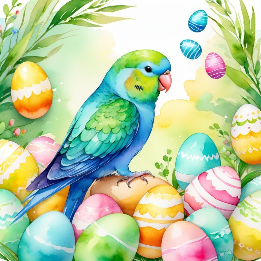 watercolor painting of parrotlet bird in a vibrant easter scene with colorful eggs, highly detailed and joyful.