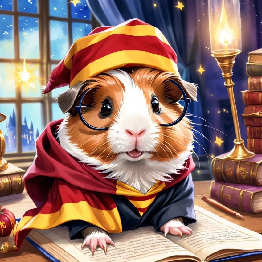 watercolor painting of peruvian guinea pig as harry potter, complete with glasses and hogwarts backdrop, highlighting a vibrant and magical scene.